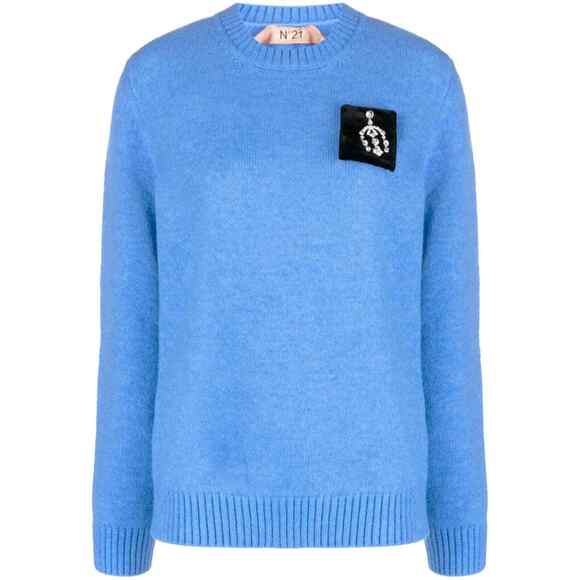 N°21 Sweaters - N°21 Blue Crystal Embellished Knit Ribbed Crewneck Long Sleeves Sweater 46 US L